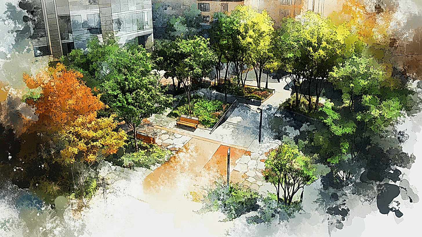 Şehir merkezinde yer alan küçük bir cep parkı, insanların dinlenmesi için banklar ve ağaçlarla donatılmış.